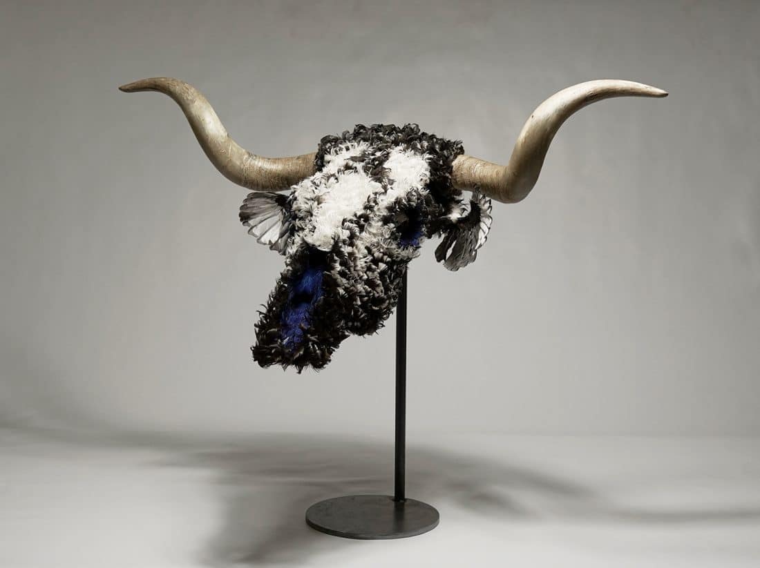 Plumas-pavo-gallina-pavo-real-alas-urraca-cráneo-vaca-escultura-sculpture-turkey-feathers-hen-peacock-magpie-wings-cow-skull